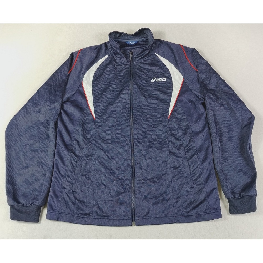 ASICS Track Jacket Mens Large Blue White Full Zip Mesh Running Athletic Casual